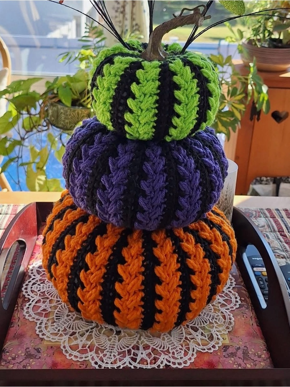 Handmade crochet Pumpkin Stack - Green, Purple & Orange